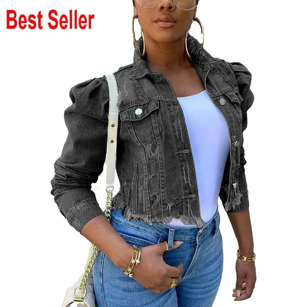 Ripped Puff Sleeve Denim Crop Top Long-Sleeve Cropped Jean Jacket Y2K Chic